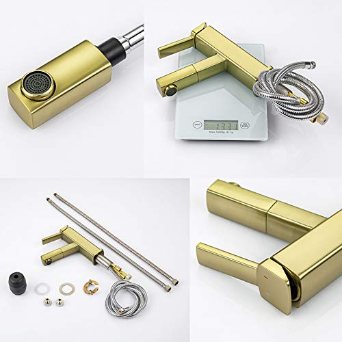 Kaiying Bathroom Sink Faucet With Pull Out Sprayer, Single Handle Basin Mixer Tap For Hot And Cold Water, Lavatory Pull Down Vessel Sink Faucet With Rotating Spout (Regular,Brushed Champagne Gold) #TOP2