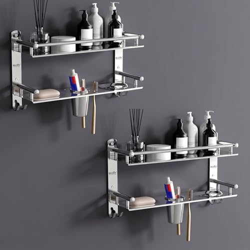 Image of GLOXY Premium Stainless Steel Bathroom Shelf Combo Pack of 2 - Chrome Finished Home Decor Bathroom Stand with Soap Holder & Toothbrush Holder | 4 in 1 Bathroom Accessories Set