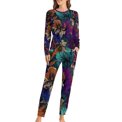 Pyjama femme manches longues et pantalon imprimé feuille pour soirée cocooning