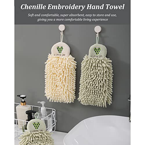 4 Pack Chenille Hand Towel With Hanging Loops, Soft Absorbent Microfiber Embroidery Hanging Hand Towels Plush Quick-Drying Chenille Ball Hand Towels For Bathroom Kitchen (Light Green + Beige) #TOP5