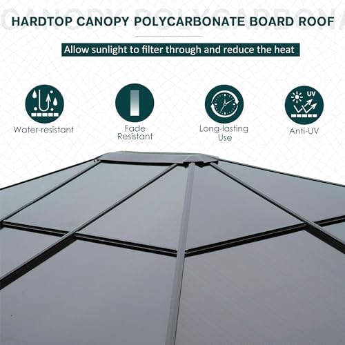 Outsunny 3 x 3.6m Polycarbonate Hard Top Gazebo with LED Solar Light and Aluminium Frame, Garden Pavilion with Mosquito Netting and Curtains
