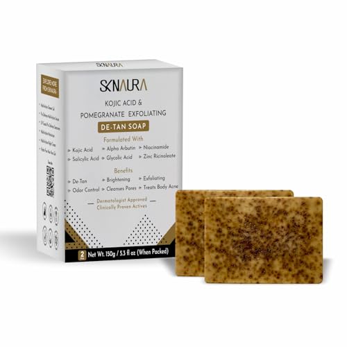 Image of Kojic Acid & Pomegranate Exfoliating De-Tan Soap (Pack of 2 x 75g) | Detan Bar for Tan Removal with Alpha Arbutin, Niacinamide & Glycolic Acid | Brightening, Deep Cleansing & Odor Control | Paraben & Sulfate Free Kojic Acid Cleanser