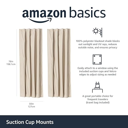 Image of Amazon Basics Portable Blackout Curtain Shade with Suction Cups, Energy Saving, 50 inchW x 78 inchL, Beige, 2-Pack