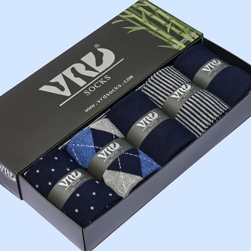VRD Men’s Dress Socks, Bamboo 5-Pack Assorted Pattern, Solid, Striped, Argyle, Dotted Crew Socks Gift for Men Shoe Size 8-134