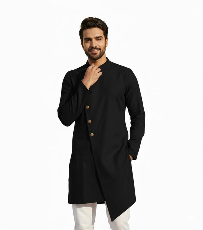 Image of OOMPH! Men's Ethnic Traditional Asymmetric Kurta Polycotton Regular Fit | High Neck Full Sleeves | Traditional Indian Festive Kurta | Stylish Casual and Wedding