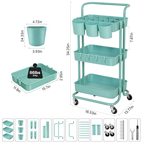 E&D Furniture 3 Tier Rolling Storage Cart With Wheels, Utility Art Craft Supply Cart Organizer On Wheels, Multipurpose Adjustable Makeup Cart Hair Salon Trolley With Handle & Hanging Cups #TOP7