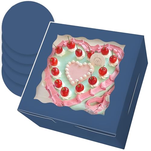 Bakepacker 36pcs 8x8x5 Inches Cake Boxes with Window 18-Packs Ink Blue 8 Inch Bakery Boxes (18 Cake Boxes +18 Cake Boards Included)