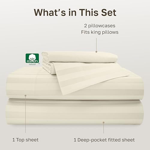 Image of California Design Den 4 Piece King Size Sheet Set - 100% Cotton 500 Thread Count Sateen, Deep Pocket Bed Sheets with Fitted Elastic Sheet, Soft Luxury - Striped Ivory