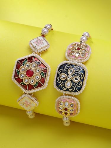 Image of Sukkhi Rakhi Traditional Kundan & Pearls Designer Meenakari Gold Plated Premium Rakhi for Brother With Roli Chawal & Greeting Card | Rakhi for Brother /Bhaiya /Bhai /Men|Rakhi Combo-Set of 2|CBRAK106942