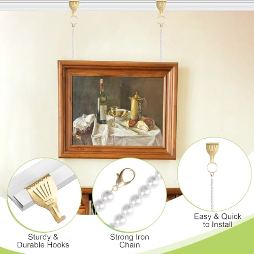 Image of Picture Hanging Kit-6Pcs Picture Rail Hooks with 6Pcs Pearl Picture Hanging Chain Picture Display Hanging System for Wall Picture, Exhibition(30CM)