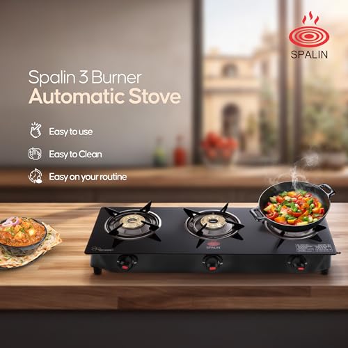 Image of 3 Burner Automatic Gas Stove | Black Crystal Glass Top | Auto Ignition | ISI Certified | High Efficiency Burners | Durable & Easy Clean | Modern Kitchen Gas Stove