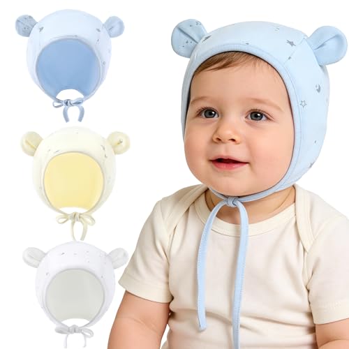 Yunyinbaby 3 Pack Baby Beanie hat with Ear Flaps for Unisex Newborn Infant Toddler Baby Girls Boys 0-24 Months 95% Cotton Soft