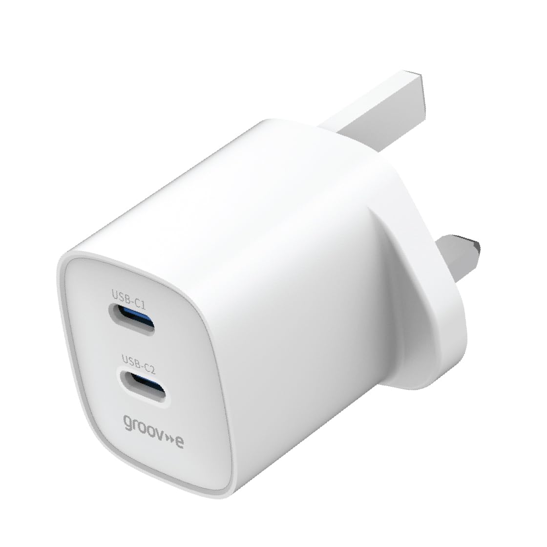 Groov-e Dual USB-C GaN Wall Charger 35W - 2-Port Power Delivery Fast-Charge UK Plug Adaptor for Smartphones, Tablets, and Laptops - White