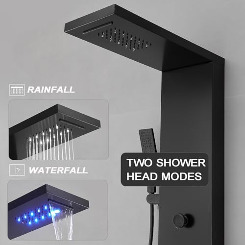 Homevacious 5 In 1 Shower Panel System,LED Rain Waterfall Shower Head and Adjustable Massage Body Jets,3 Settings Handheld Head and Tub Spout,Stainless Steel Bathroom Panel,Matte Black - Thumbnail 3