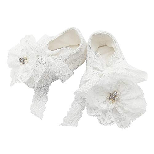 Glamulice White Baby Girl Christening Baptism Flower Lace Shoes Rhinestone Infant First Birthday Holiday Shoes Handmade Dance Ballerina Headband Set Toddler Wedding Princess Party Pageant Shoes 15-18 #TOP3