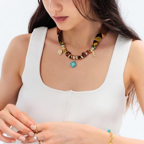 KissYan Western Cowgirl Scarf Charm Necklace, Bandana Necklace with 14K Gold Plated Convertible Cowboy Boot Turquoise Pendant Choker Jewelry for Women4