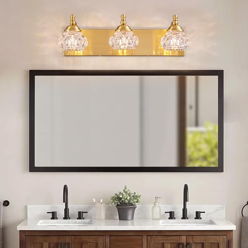 Image of 3-Light Bathroom Light Fixtures, Gold Vanity Light Farmhouse Wall Sconces with Frosted Glass Shade, Modern Bathroom Wall Lamp for Mirror Bedroom Hallway Living Room