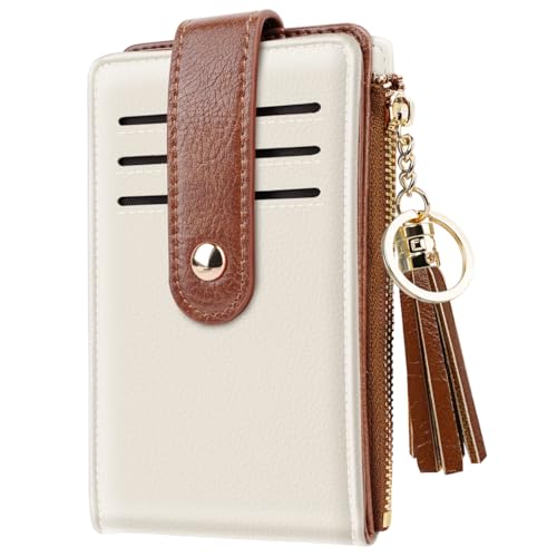Bifold Wallet RFID Credit Card Wallet Card Holder for Women or Men with Keychain Zipper Pocket with Tassel Zipper Coin Pockett,Cream