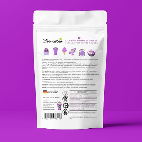 Biomatea Lila Süßkartoffel Pulver 100 g – Premium Ube Powder, Purple Sweet Potato Powder, naturbelassen & rein, ohne Zusatzstoffe, vegan & glutenfrei Kartoffelpulver