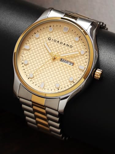 Image of Giordano Analog Watch for Men with Two-Tone Stainless Steel Strap & Textured Dial, Day-Date Display, Elegant Casual Style