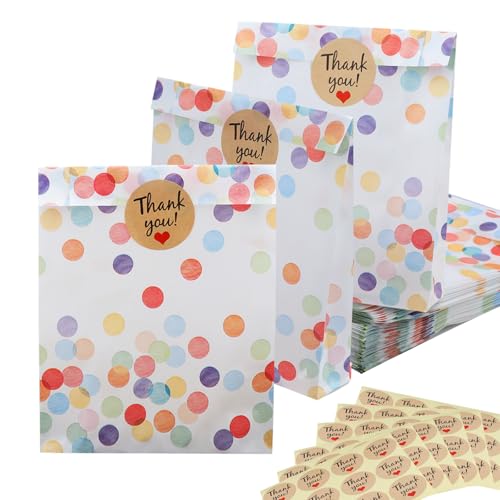 50 Stück Geschenktüten mit 60 Aufkleber Geschenktüten Mitgebsel Tüten Papiertüten Kindergeburtstag 19x12.9x4 Cm Geburtstagstüten Kinder Mitbringsel Tüten Mitgebseltüten für Party Festival Hochzeit