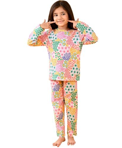 Image of ANTHRILO Summer Pyjama Set for Girls | 100% Cotton, Skin Friendly Fabric | Pyjama Set for Girls | Casual Wear | Flowers Long Sleeve Pyjama Set - Off White 1-2 Years