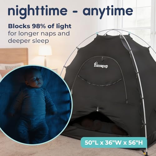 Hiccapop Daydreamer Blackout Tent for Pack and Play, Patented Portable Crib Tent, Blackout Canopy Crib Cover, Sleep Pod for Kids, Black