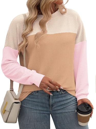 Image of Womens Plus Size Tops Fall Oversized Crewneck Tshirts Long Sleeve Color Block Shirts Khaki Orange 4XL