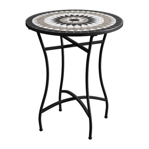 Image of Warmiehomy Mosaic Garden Table, Black & White Minimalist Outdoor Bistro Table, 60cm Round Patio Table with Ceramic Tile Top & Metal Frame, Small Garden Side Table for Balcony, Indoor & Outdoor Dining