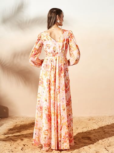 Image of Miss Chase Women's Multicolored-Base-Brown Relaxed Fit Maxi Lurex Chiffon Dress