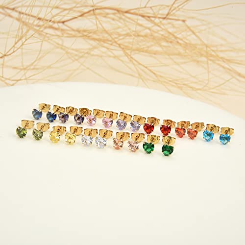 12 Pairs 18K Gold Plated Surgical Stainless Steel Stud Earrings, Star Heart Stud Earring For Women, Cubic Zirconia Birthstone Stud Earrings Set (Gold Heart 3Mm) #TOP5