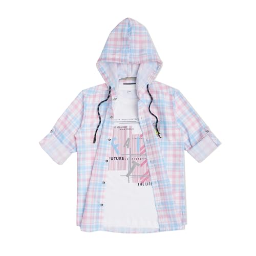 Image of CAVIO Boys Checks Print Hooded Shirt and T-Shirt
