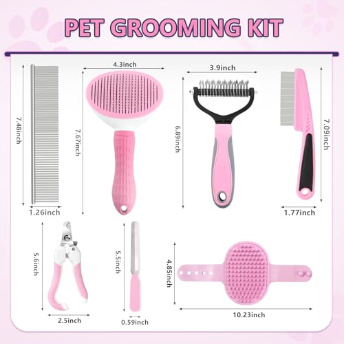 Lanswood Dog Brush Dog Grooming Kit 7PCS Dog Brush for Shedding-Dog Brushes for Grooming, Dematting Comb for Dogs, Cat & Dog Nail Clipper with Nail File, Flea Comb, Pet Comb, Dog Bath Brush-Pink