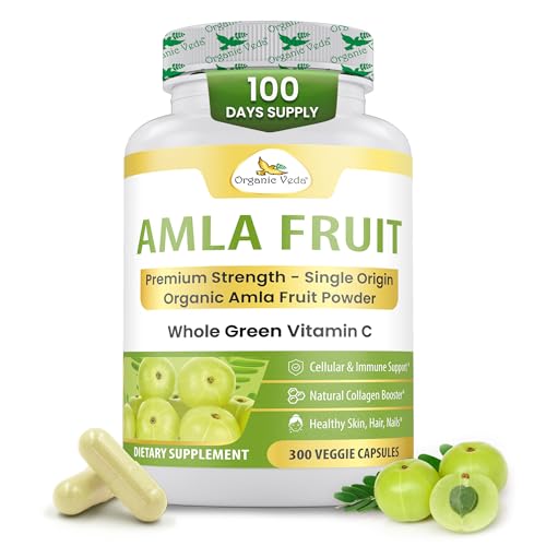 Organic Veda Amla Capsules - 1500mg 300 Capsules - Natural Vitamin C Supplement with Antioxidants Polyphenol for Immunity Skin Glow & Hair Growth - Single Origin Premium Organic Amla Fruit Powder