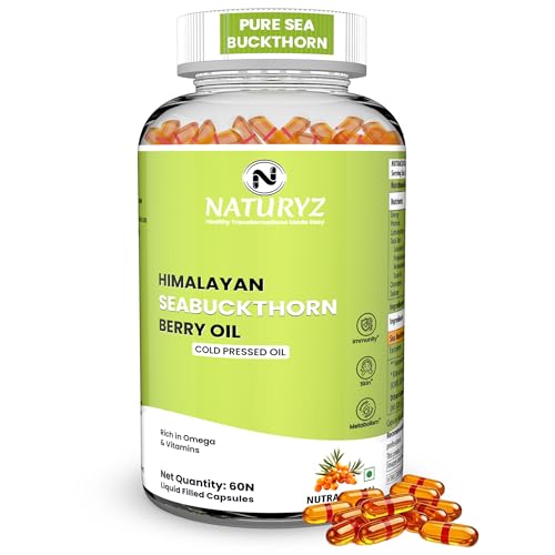 Image of NATURYZ Himalayan Sea Buckthorn Berry Oil Triple Strength 1120mg | Liquid fill Technology for High Absorption & Bioavailability | Full Spectrum Cold-Pressed Vegetarian Omega 7 + Omega 3-6-9 | Skin Glow, Immunity & Gut Health Supplement | Gentler on Stomach, Non-GMO - 60 Veg Capsules