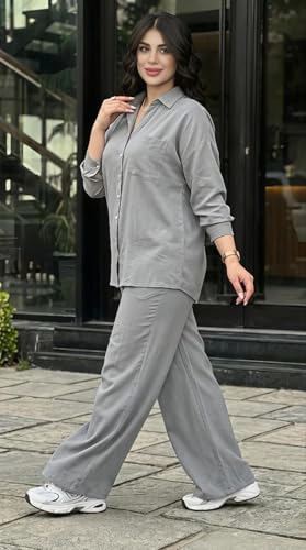 Image of Women's Solid Color Two-Piece Set | Long Sleeve Top & Wide Leg Pants Co-ord Set | Casual Wear Co ord Set