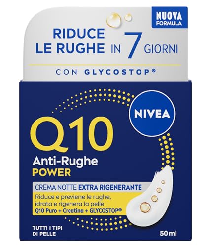 NIVEA Q10 Anti-Rughe Power Crema Notte Extra Rigenerante 50 ml, Crema notte viso antirughe idratante con Coenzima Q10, Creatina e Glycostop, Skincare ad assorbimento rapido per tutti i tipi di pelle