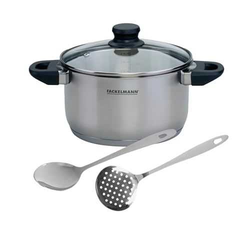 Fackelmann Set de Olla y Utensilios, incluye Olla Alta Acero Inoxidable 20 cm Fackelmann Geneva, Capacidad 3,4 Litros, Cucharón y Espumadera de Acero Inoxidable