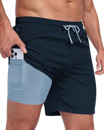 Zzkouine Badehose für Herren 2 in 1 Badeshorts Männer Schwimmhose mit Reißverschlusstasche Sporthose Kurz Herren Shorts, Marineblau M