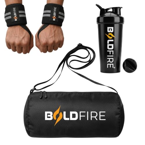 Image of Gym Essentials Combo | Gym Bag + 700ml Shaker Bottle + Weight Lifting Wrist Straps for Men & Women | Workout Kit for Gym, Fitness, Bodybuilding, Cross Training & Exercise