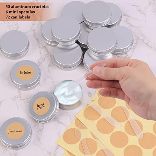 Aluminum Tin Jars, 30PCS Aluminium Empty Containers 15ml Round Cosmetic Tin Jars Travel Cream Jars with Labels and Mini Spatula for Lip Balm, Lotion, Cream, Masks, Mini Candles, Cosmetics (Silver)