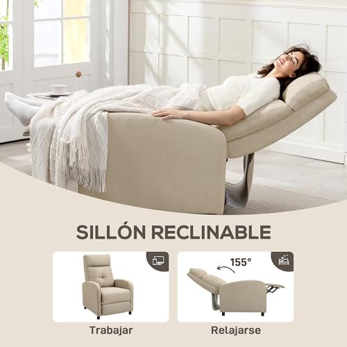 HOMCOM Sillón Relax Reclinable Manual, Sillón Relax de Lino con Apertura Push, Reposapiés, Respaldo Alto, Acolchado Grueso, Butaca Reclinable hasta 155º para Salón, Dormitorio, Oficina, Beige - imagen 4