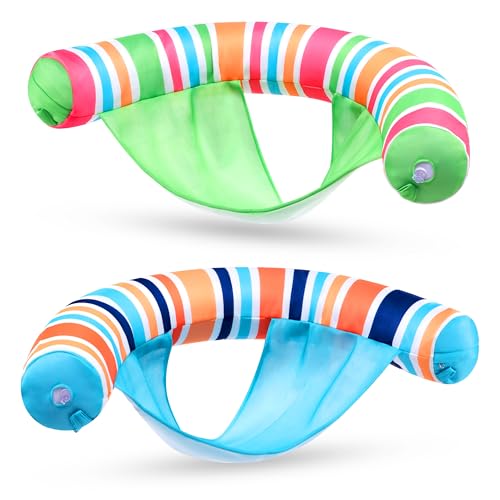SLOOSH Inflatable Pool Floats Chairs Adults, 2 Packs Floating Noodle Chair with Stripes Design Soft Fabric Covered with Sling for Swimming Pool Water Party Summer Lake,Blue,Green