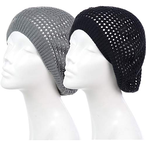 An Womens Crochet Flower Beanie Hats Lightweight Cutout Knit Beret Fashion Cap (One Size, 2Pk-Charcoal) #TOP4