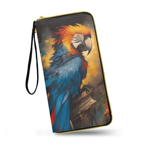 Oil Paint Parrot Travel Wallet for Women Retro Scarlet Macaw Bird Large Capacity Wristlet Clutch Bag, Colorful Long Zip Clutch Wallets for Women Coin Purse
