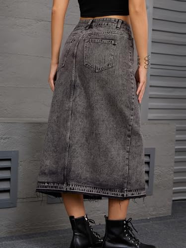 Women's Denim Skirt High Waist Front Slit Raw Trim Hem Pencil Skirt with Pockets Midi Jean Skirts4