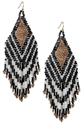 SPUNKYsoul Handmade Beaded Boho Earrings, Ombre Mixed Metallic Seed Bead Long Fringe Statement Earrings, Jewelry for the Modern Bohemian Women (GOLD,BLACK & WHITE)