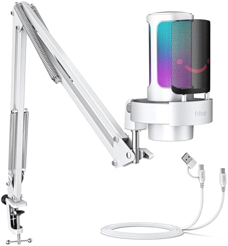 FIFINE Oyun PC USB Mikrofon Seti, Metal Bom Kollu Kondenser RGB Mikrofon, Sessiz, Kazanç Düğmesi, Kulaklık İzleme, PS4/PS5 için Akış Mikrofon Paketi, YouTube, Discord, Twitch-A8T Beyaz - Görsel 1