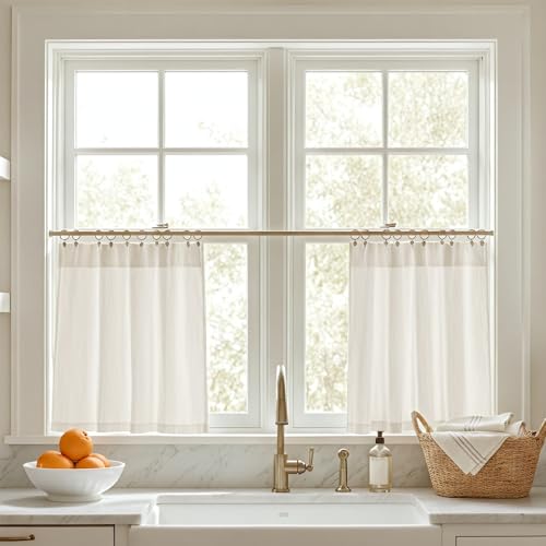 NICETOWN Linen Cafe Curtains for Kitchen Sink Over W34 x L30 in 2 Panels Short Curtains Light Filtering Semi Sheer for Small Windows Bathroom Back Tab & Rod Pocket Privacy Tiers Natural Beige