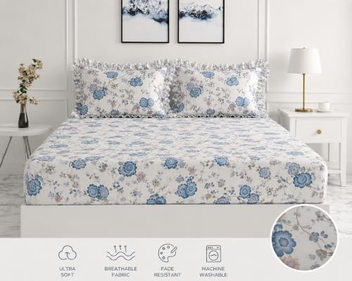 Image of Blue Strip Floral Fitted Bedsheet Set, White and Blue, 182 x 198 cm, with 2 Frill Pillow Covers, Double /Queen /King Bed